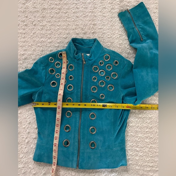 Vintage CACHE Turquoise Suede Leather Jacket w/Silver Gromets Size 4 - Picture 6 of 6